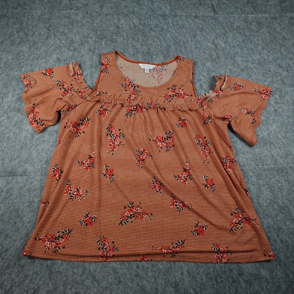 Lauren Conrad Top Women Extra Large Orange Floral Cold Shoulder Ruffle Sleeve